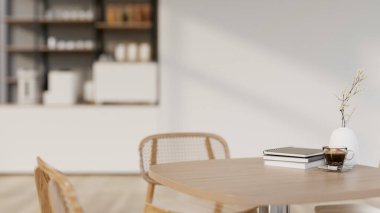 Minimalist ahşap bir masa ve İskandinav kafeteryasında sandalyelerin yakın çekimi. masadaki boşluğu kopyala, 3d oluşturma, 3d resimleme