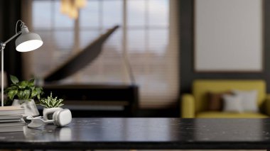 Kitapların, kulaklıkların, dekoratif bitkilerin ve çağdaş bir oturma odasındaki masa lambasının yer aldığı siyah mermer bir masanın yakın çekimi. 3d görüntüleme, 3d illüstrasyon