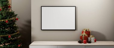 Beyaz bir duvara monte edilmiş bir resim çerçevesi. Parlayan bir Noel ağacı ve hediye kutuları sergileniyor. Ev içi Noel zamanı, 3D görüntü, 3D görüntü