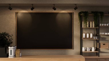 Sahne ışıklarıyla aydınlatılan, samimi, çağdaş bir kahve dükkanında büyük, siyah bir poster modeli. 3d görüntüleme, 3d illüstrasyon