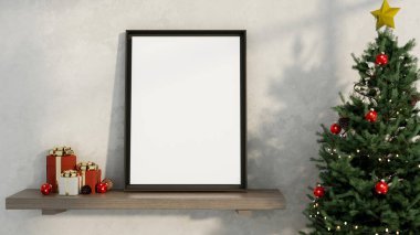 Tahta bir rafta, beyaz bir duvara dayalı boş bir çerçeve ve yanında parlayan bir Noel ağacı. İç mekan. 3d görüntüleme, 3d illüstrasyon