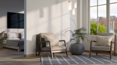 Minimalist koltukları ve penceresinin yanında bitkileri olan, yatak odasına bağlı bir yaşam alanı bulunan modern, minimalist bir daire veya otel odası. 3d görüntüleme, 3d illüstrasyon
