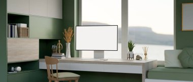 Göl manzaralı, sandalyeli ve parlak yeşil mobilyalı minimalist ahşap bir masanın üzerinde beyaz ekran maketi olan modern yeşil bir daire. 3d görüntüleme, 3d illüstrasyon