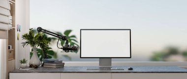 Modern, basit bir ofis çalışma alanı beyaz masaüstü modeli, bir mikrofon ve pencerenin yanındaki bir masanın üzerindeki şık dekorun yer aldığı bir bilgisayar. Ev yayını stüdyosu. 3d görüntüleme, 3d illüstrasyon
