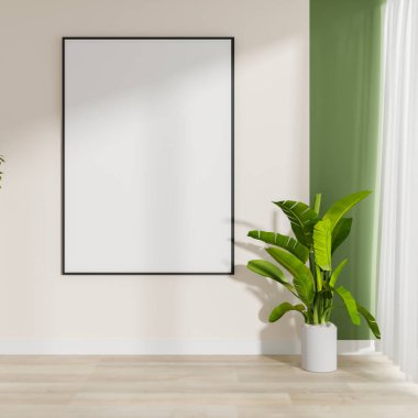 Beyaz bir duvarda siyah bir çerçeve modeli, bir bitki ve minimalist bir odada parke döşeme. ev içi, 3D görüntüleme, 3d illüstrasyon