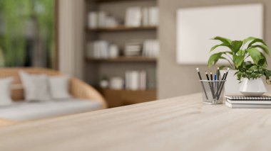 Çağdaş, rahat bir oturma odasında, kanepesi, kitaplığı ve ev dekorasyonu olan ahşap bir masanın üzerinde yakın plan bir yer. 3d görüntüleme, 3d illüstrasyon