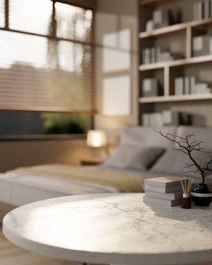 Rahat ve modern bir yatak odasının bulanık arka planına karşı sergilenen bir ürünün fotokopi alanı olan beyaz mermer bir masanın yakın çekimi. 3d görüntüleme, 3d illüstrasyon