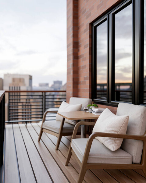 Вид сбоку на современную уютную зону отдыха на балконе с деревянными креслами, перилами и видом на город. 3D рендеринг, 3D иллюстрация