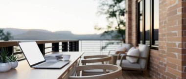 Balkonda beyaz ekran maketi olan bir dizüstü bilgisayarın yakın plan görüntüsü büyüleyici doğa manzaralı. Uzaktan çalışma, tatil, çalışma alanı, 3D görüntüleme, 3d illüstrasyon