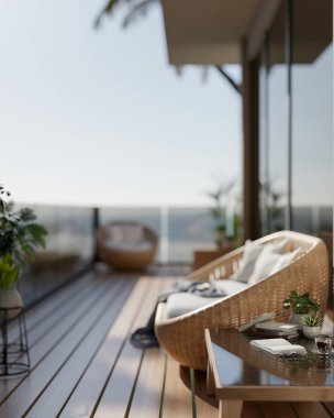 Hasır bir kanepe ve çarpıcı manzaralı bir sehpanın bulunduğu bir balkondaki İskandinav dinlenme alanının yan görüntüsü. Otel balkonunda, 3D resim, 3D resim.