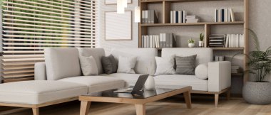 Rahat, çağdaş bir minimalist oturma odasında büyük bir kanepe, minimalist bir sehpada bir dizüstü bilgisayar, bir kitaplık, güneş gözlüklü bir pencere ve parke döşeme bulunuyor. 3d görüntüleme, 3d illüstrasyon