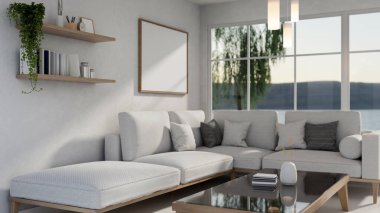 Modern ve rahat bir oturma odası. Pencerenin yanında büyük beyaz bir kanepe. Büyüleyici bir doğa manzarası, bir sehpa ve minimalist ev dekorasyonu var. 3d görüntüleme, 3d illüstrasyon