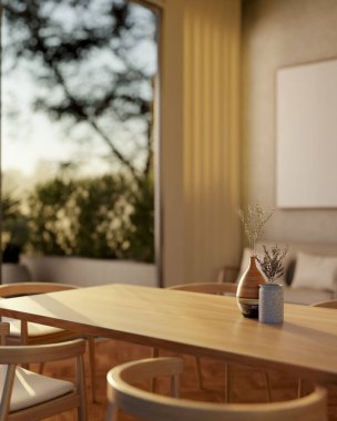 Çağdaş bir evde koltukları olan, göz kamaştırıcı doğal ışıkla aydınlatılmış güzel bir ahşap yemek masası. ev içi, 3D görüntüleme, 3d illüstrasyon