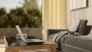 Modern ve rahat bir oturma odasındaki bir sehpanın üzerindeki dizüstü bilgisayarın yakın çekimde pencerenin yanında gri bir kanepe bulunur. 3d görüntüleme, 3d illüstrasyon