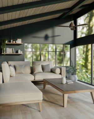 Konforlu, çağdaş bir orman evi oturma odasının iç tasarımında büyük beyaz bir kanepe, bir sehpa, bir tavan vantilatörü, parke döşeme ve şık bir dekor yer almaktadır. 3d görüntüleme, 3d illüstrasyon