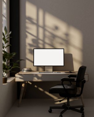 Boş beyaz ekran maketi olan bir bilgisayarın ön görüntüsü. Minimalist bir odada masaya yerleştirilmiş ve duvarda güneş ışığı yansıyan gölgeler var. ev ofisi, 3D çizim, 3D resim