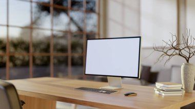Beyaz ekranlı bir bilgisayar, bir yığın kitap ve ahşap bir masada kurumuş dallarla seramik bir vazo, samimi bir İskandinav odasında. ofis, ev ofisi, 3D resim, 3D resim