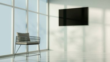 Geniş bir pencerenin yanında koltuğu ve beyaz duvara monte edilmiş, gölgeli bir televizyonu olan basit bir beyaz oda. 3d görüntüleme, 3d illüstrasyon