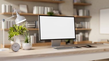 Beyaz ekran maketi ve dekorasyonu olan bir bilgisayar arka planda bulanık bir kitaplık olan bir odadaki ahşap bir masanın üzerine yerleştirilmiş. ofis, çalışma alanı, ev ofisi, 3D resim, 3D resim