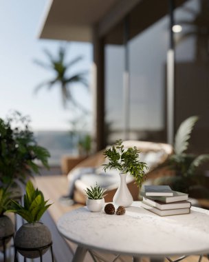 Balkonda dekoratif nesnelerle dolu yuvarlak bir masanın yakın çekimi. Muhteşem bir sahil manzarası var. ev dış görünüş, otel, 3D görüntü, 3D görüntü