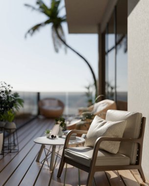 Minimalist, rahat bir koltuk, balkona yerleştirilmiş bir yastık ve çarpıcı bir plaj manzarası. ev dış görünüş, otel, 3D görüntü, 3D görüntü