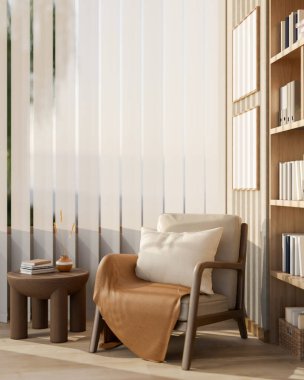 Yastıklı, rahat bir tahta koltuk ve pencerenin kenarına da minimalist oturma odası olan küçük tahta bir masa. İç mekan. 3d görüntüleme, 3d illüstrasyon