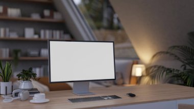 Konforlu, çağdaş bir yatak odasındaki bir bilgisayar masasının yakın çekiminde masa üzerinde beyaz ekran maketi ve dekoratif öğeleri olan bir bilgisayar yer alıyor. 3d görüntüleme, 3d illüstrasyon