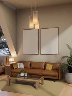 Çağdaş bir orta çağ oturma odasında açık yeşil bir halı, bir sehpa, duvarda çerçeveler, bir ev bitkisi ve minimalist dekor üzerinde kahverengi bir deri kanepe bulunur. 3d görüntüleme, 3d illüstrasyon