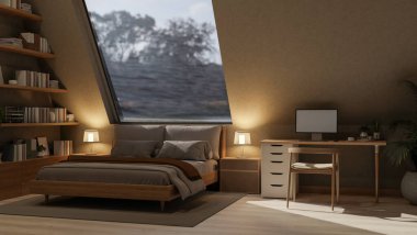 Konforlu, çağdaş bir yatak odası pencerenin karşısında rahat bir yatak, bir bilgisayar masası, bir kitaplık ve parke döşeme, hepsi masa lambalarıyla aydınlatılmış. 3d görüntüleme, 3d illüstrasyon