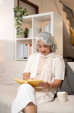 Güzel, mutlu, Asyalı son sınıf öğrencisi, rahat giysiler içinde bir kanepede dinleniyor ve sabahları evde kitap okumaktan zevk alıyor. boş zaman aktivitesi, edebiyat, ev hayatı