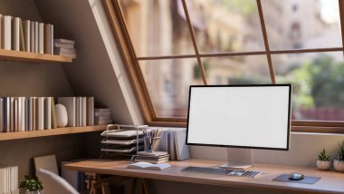 Beyaz ekran maketi olan bir bilgisayar pencerenin yanındaki ahşap bir masada oturuyor, İskandinav tarzı rahat bir dairede bir kitaplığı var. 3d görüntüleme, 3d illüstrasyon