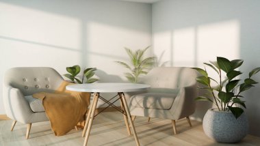 Minimalist ahşap bir masa, modern gri koltuklar ve minimalist beyaz bir odaya yerleştirilmiş kapalı salonlar. Minimalist bir dinlenme salonu köşesi. Çağdaş oturma odası. 3d görüntüleme, 3d illüstrasyon