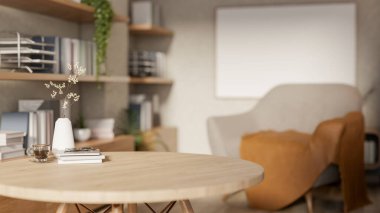 Yuvarlak ahşap bir masanın yakın çekimi, ahşap mobilyalarla dolu, rahat, çağdaş bir odaya yerleştirilip sıcak, misafirperver bir atmosfer yaratıyor. 3d görüntüleme, 3d illüstrasyon