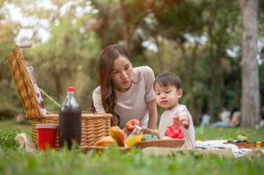 Sevgi dolu ve şefkatli bir Asyalı anne parkta piknik yaparken küçük oğluyla nazikçe konuşur. Annelik, çocukluk, mutlu aile, açık hava aktiviteleri.