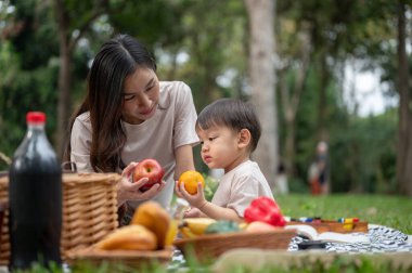 Sevgi dolu ve şefkatli bir Asyalı anne parkta piknik yaparken küçük oğluyla nazikçe konuşur. Annelik, çocukluk, mutlu aile, açık hava aktiviteleri.