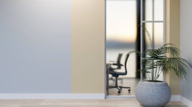 Ev bitkisi, parke döşemesi, boş bir duvar ve toplantı odasına bakan bir penceresi olan modern, basit bir ofis koridoru. 3d görüntüleme, 3d illüstrasyon
