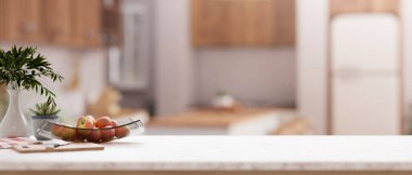 Çağdaş İskandinav mutfağının bulanık arka planına sahip dekoratif eşyalarla dolu mutfak tezgahının yakın çekimi. ev içi, 3D görüntüleme, 3d illüstrasyon