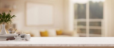 Dekoratif eşyalarla dolu beyaz bir masa ve modern bir oturma odasının bulanık arka planına sahip sergi ürünleri için yer. 3d görüntüleme, 3d illüstrasyon