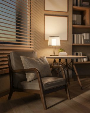 Minimalist bir koltuk ve yan masa, masadaki lambayla aydınlatılmış, rahat, çağdaş bir odada oturur. İç mekan. 3d görüntüleme, 3d illüstrasyon