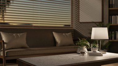 Masanın üzerindeki lambayla aydınlatılmış, rahat, çağdaş bir oturma odasındaki sehpanın yakın çekimi. İç mekan. 3d görüntüleme, 3d illüstrasyon