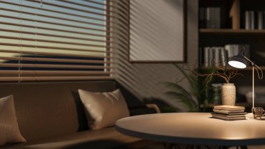 Masadaki lambayla aydınlatılmış, rahat, çağdaş bir oturma odasındaki yuvarlak bir masanın yakın çekimi. İç mekan. 3d görüntüleme, 3d illüstrasyon