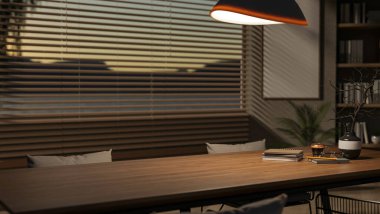Minimalist bir ahşap yemek masasının ya da modern bir odanın penceresinin yanındaki kolye ışığının sıcacık ışığıyla aydınlatılmış bir masanın yakın çekimi. 3d görüntüleme, 3d illüstrasyon
