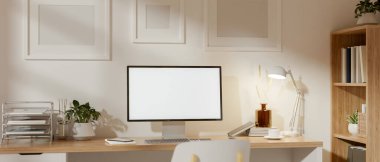Beyaz ekran masaüstü ahşap masa üzerinde modern tarzı olan parlak çalışma odasında dekoratif eşyalar var. 3B görüntüleme, 3B Görüntü.