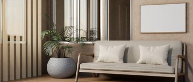 Yastıklı gri koltuk büyük bir saksı bitkisinin yanına yerleştiriliyor ve cam pencereler yalak perdeler, oturma odası doğal ışık görüyor. 3B görüntüleme, 3B Görüntü.