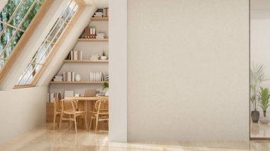 Parlak odanın köşesindeki çatı pencerelerinin altında tahta bir masa ve sandalyeler. Rahat çalışma odası ya da çalışma alanı. 3 Boyutlu Hazırlama, 3 Boyutlu Resim.