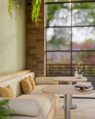 Kitaplar ve ahşap masanın üzerinde cam kapaklı bir kahve fincanı ve bir kafede kumaş koltuklar ya da yeşil duvarlı bir salon. Konforlu iç mekan, 3D Görüntü, 3B Görüntü.