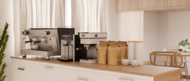 Mutfakta ya da dinlenme odasında kahve makineleri ve kahve poşetleri olan ahşap bir tezgah. Konforlu kafe ya da kahve köşesi, 3D görüntüleme, 3D resim.