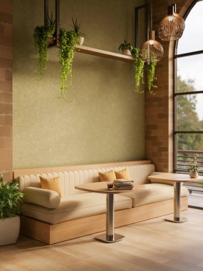 Uzun kumaş kanepe ve bir kafede yuvarlak tabure ya da yeşil boyalı ve tuğla duvarlı bir salon. İçi rahat. 3 Boyutlu Hazırlama, 3 Boyutlu Resim.