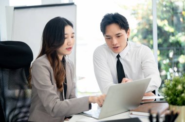 Bayan ofis çalışanı, erkek iş arkadaşına dizüstü bilgisayardaki verileri gösteriyor ve açıklıyor. İş adamı ve iş kadını ofiste tartışıyorlar..