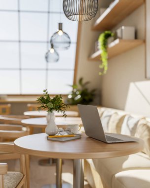 Büyük çatı penceresinin altında, kafenin köşesinde yuvarlak taburesi olan ahşap koltuklar ve kanepe seti. Sıcak ahşap iç döşeme. 3B görüntüleme, 3d illüstrasyon.